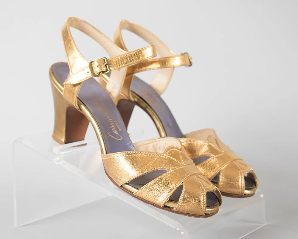 1930s 1940s Metallic Gold Cage Peep Toe Heels | size 5