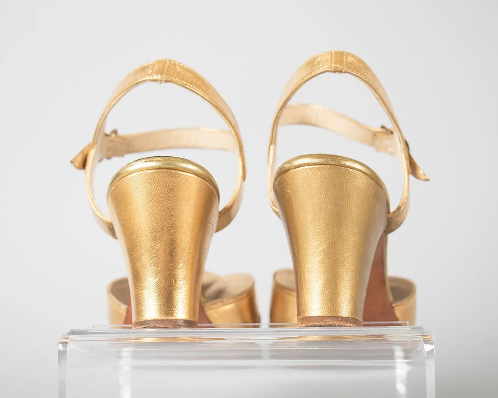 1930s 1940s Metallic Gold Cage Peep Toe Heels | size 5