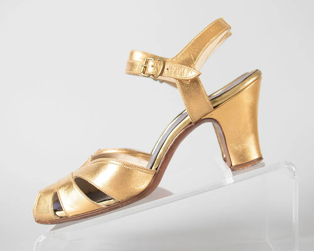 1930s 1940s Metallic Gold Cage Peep Toe Heels | size 5