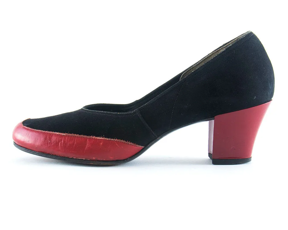 $50 & UNDER SALE || 1940s Red Leather Black Suede Spectator Heels | size 8