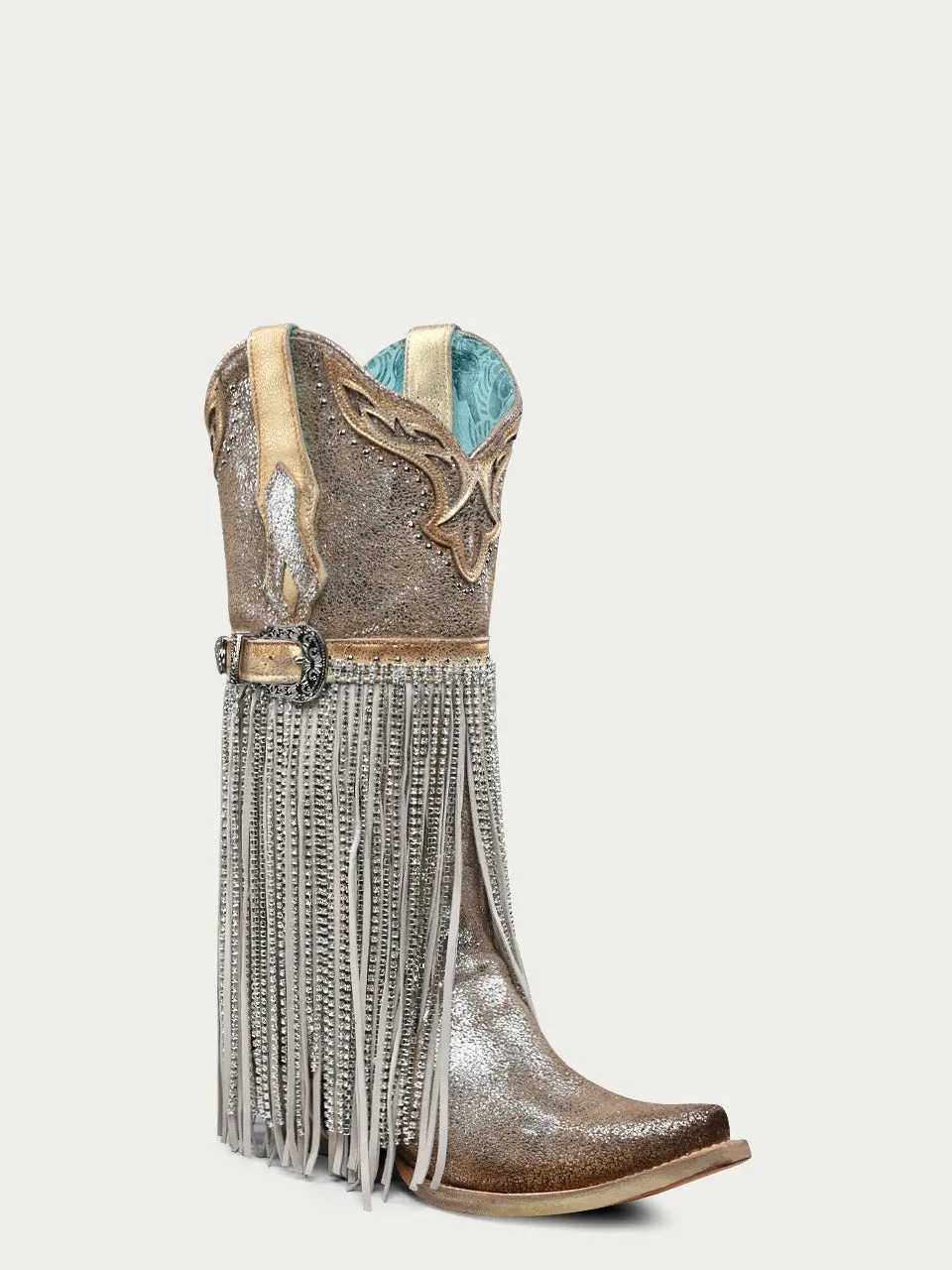 A4514 - WOMEN'S SILVER-GOLD FINISH WITH CRYSTAL FRINGE, HARNESS AND STUDS SNIP TOE COWBOY BOOT