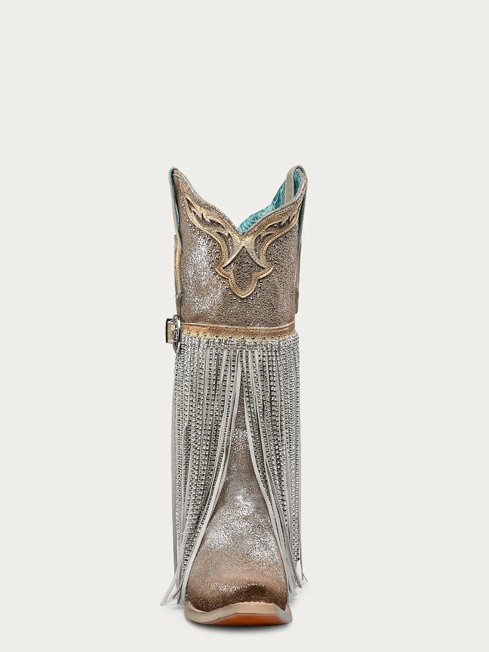 A4514 - WOMEN'S SILVER-GOLD FINISH WITH CRYSTAL FRINGE, HARNESS AND STUDS SNIP TOE COWBOY BOOT