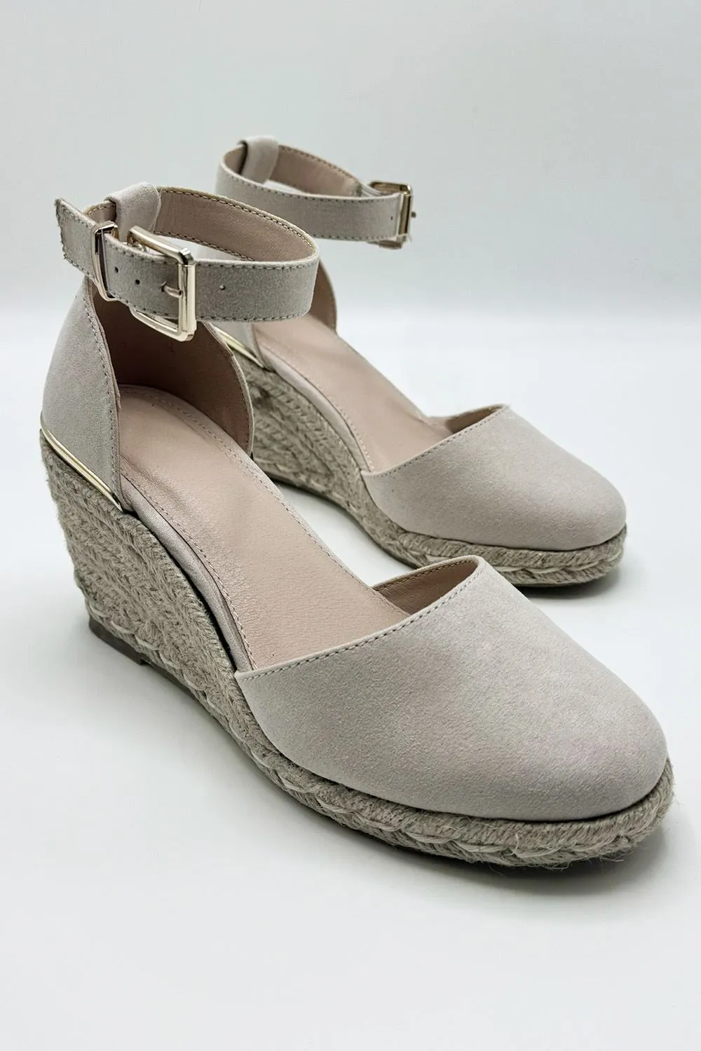 Adara Round Toe Espadrille Wedge with Anklestrap & Gold Buckle in Nude Suede