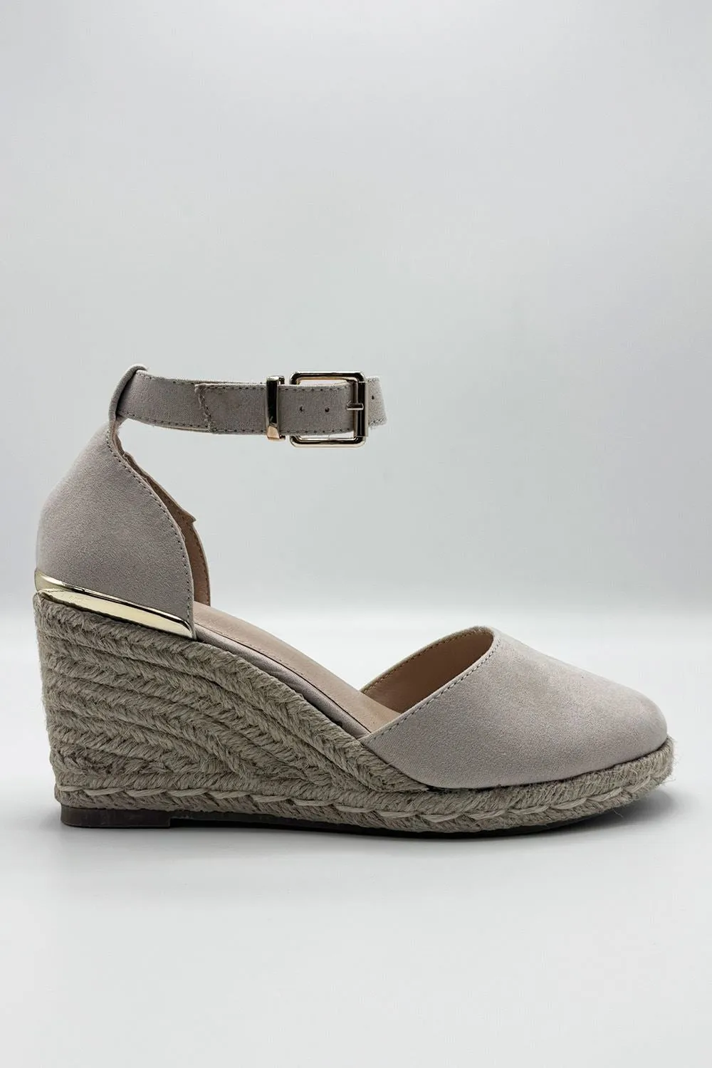 Adara Round Toe Espadrille Wedge with Anklestrap & Gold Buckle in Nude Suede