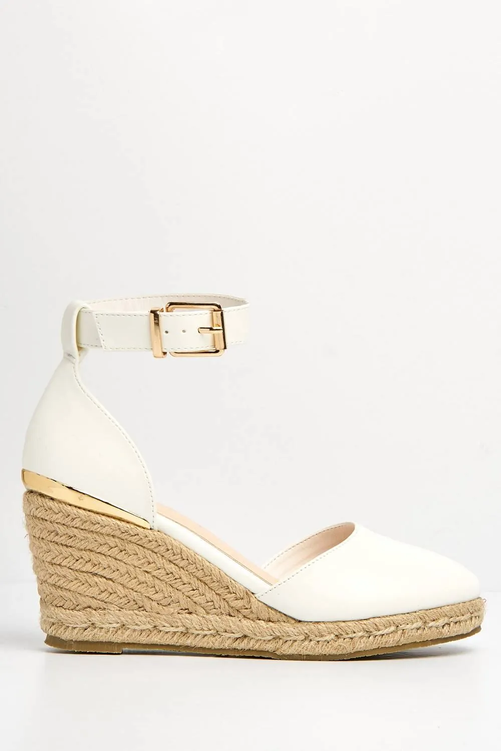 Adara Round Toe Espadrille Wedge with Anklestrap & Gold Buckle in White Matt