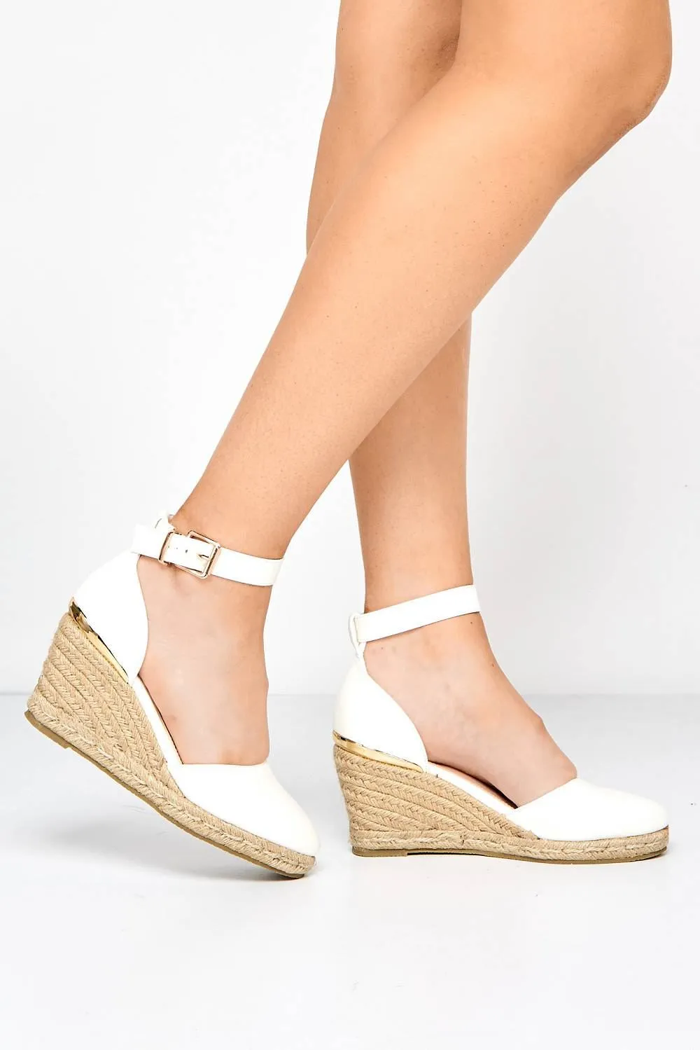 Adara Round Toe Espadrille Wedge with Anklestrap & Gold Buckle in White Matt