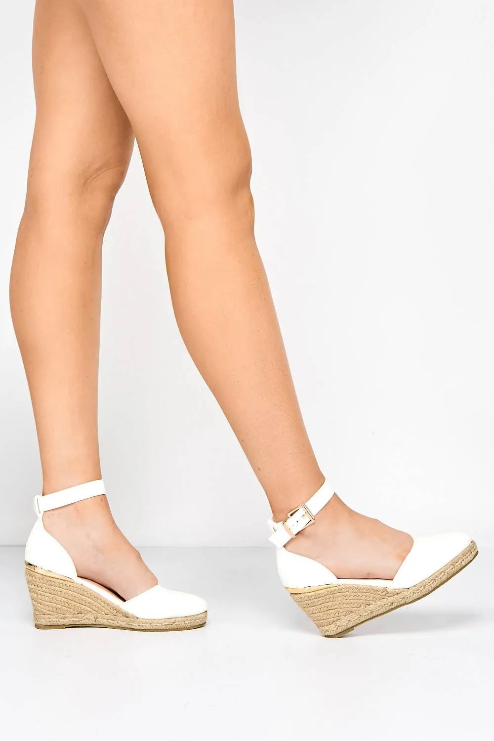 Adara Round Toe Espadrille Wedge with Anklestrap & Gold Buckle in White Matt