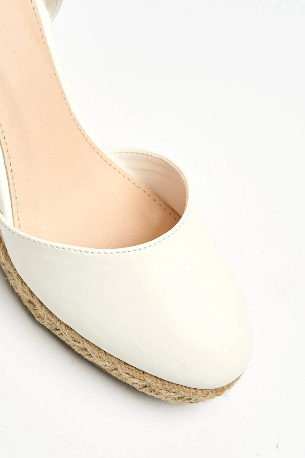 Adara Round Toe Espadrille Wedge with Anklestrap & Gold Buckle in White Matt