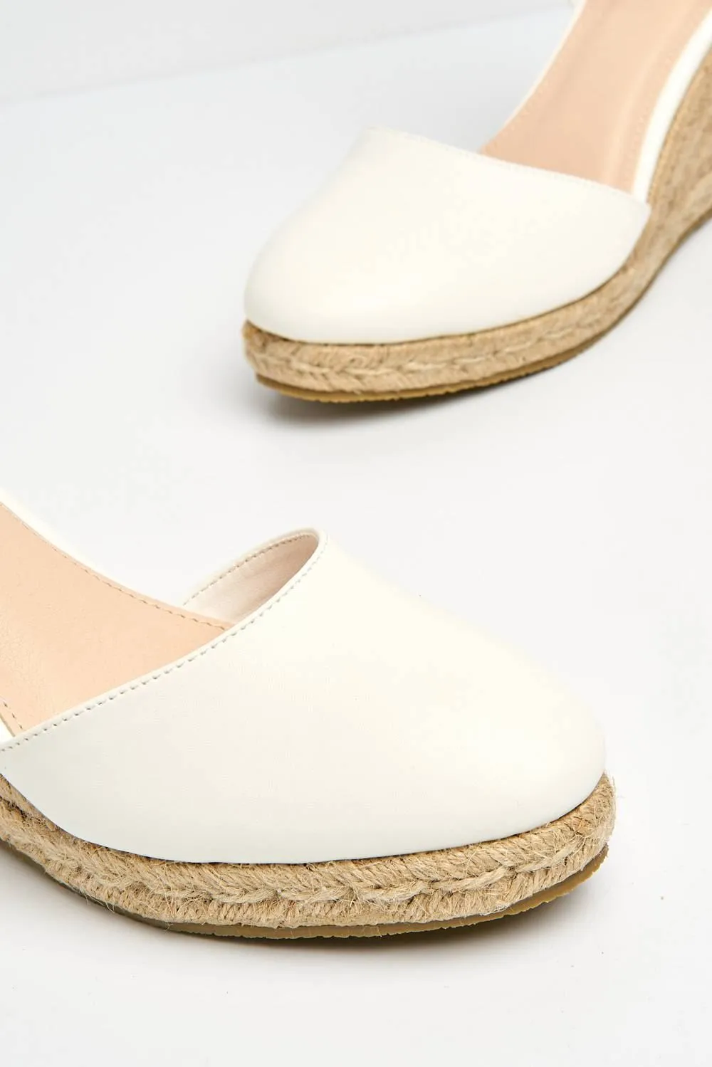 Adara Round Toe Espadrille Wedge with Anklestrap & Gold Buckle in White Matt