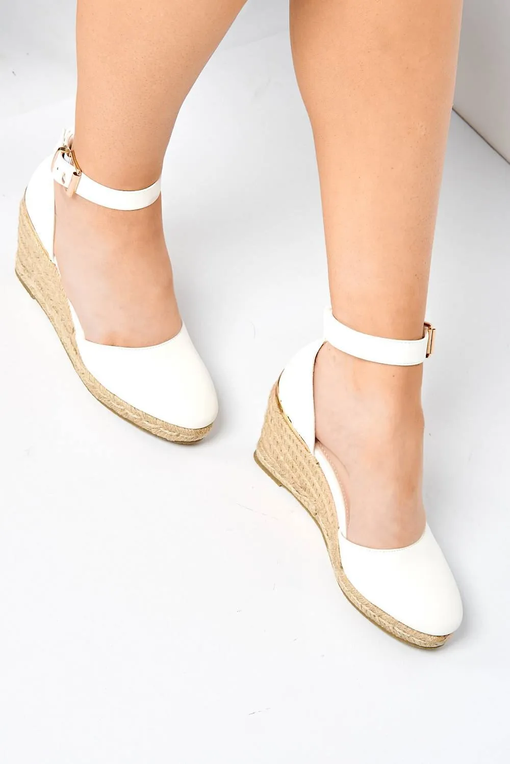 Adara Round Toe Espadrille Wedge with Anklestrap & Gold Buckle in White Matt