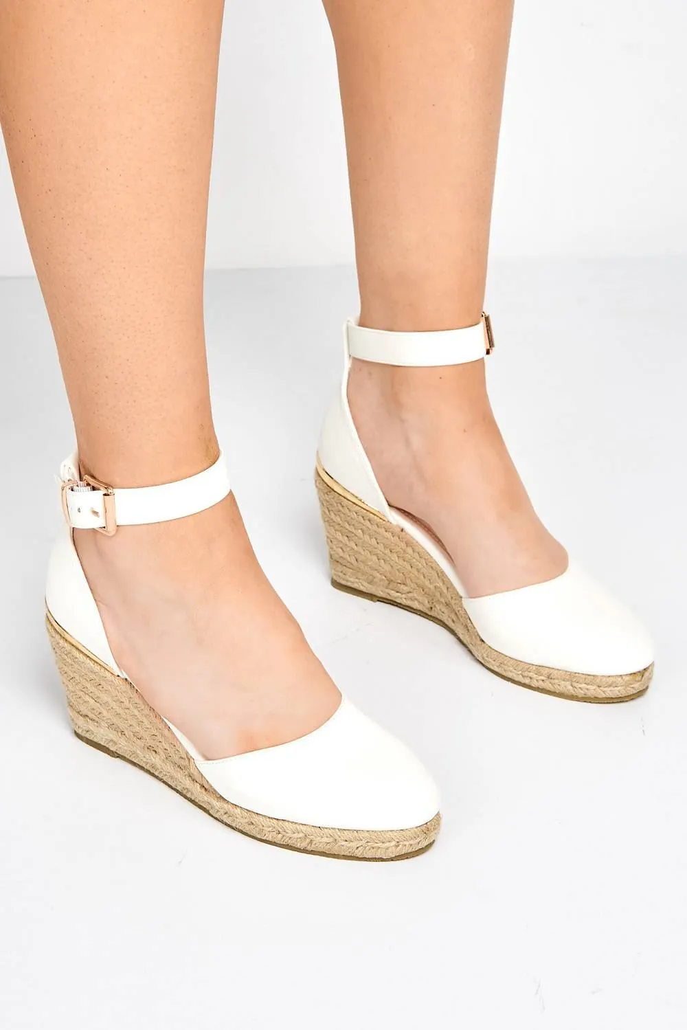 Adara Round Toe Espadrille Wedge with Anklestrap & Gold Buckle in White Matt