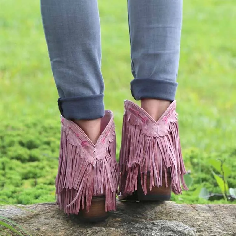 Ankle Boot Western Fringe Cowboy Low Heel Bootie