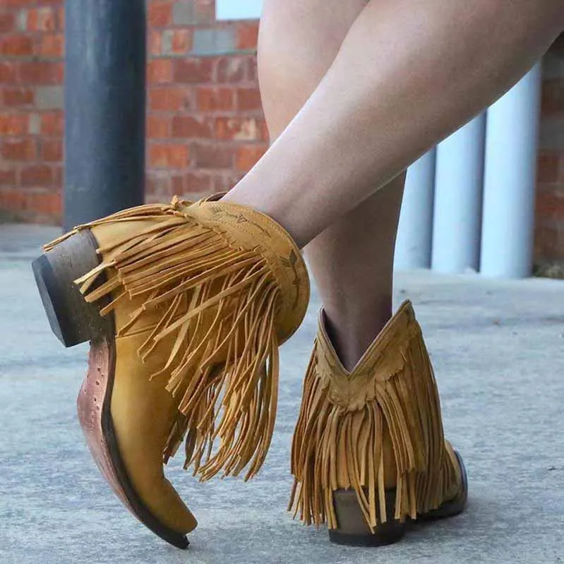 Ankle Boot Western Fringe Cowboy Low Heel Bootie