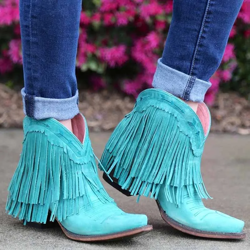 Ankle Boot Western Fringe Cowboy Low Heel Bootie