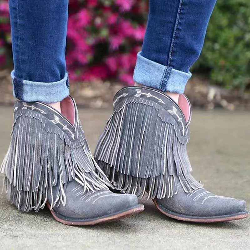 Ankle Boot Western Fringe Cowboy Low Heel Bootie