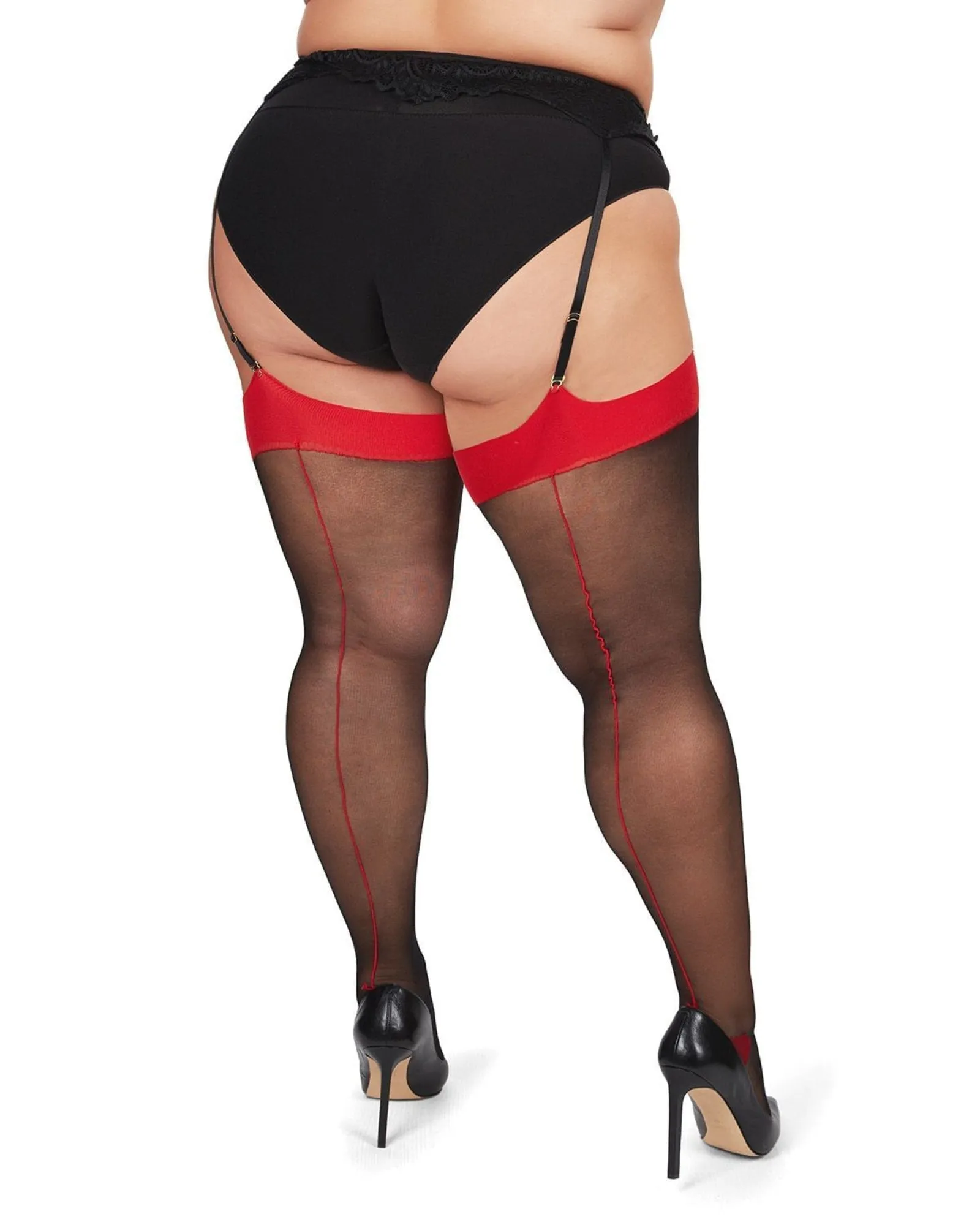 Back Seam/Cuban Heel Plus Size Curvy Thigh High Stocking | Black-Red