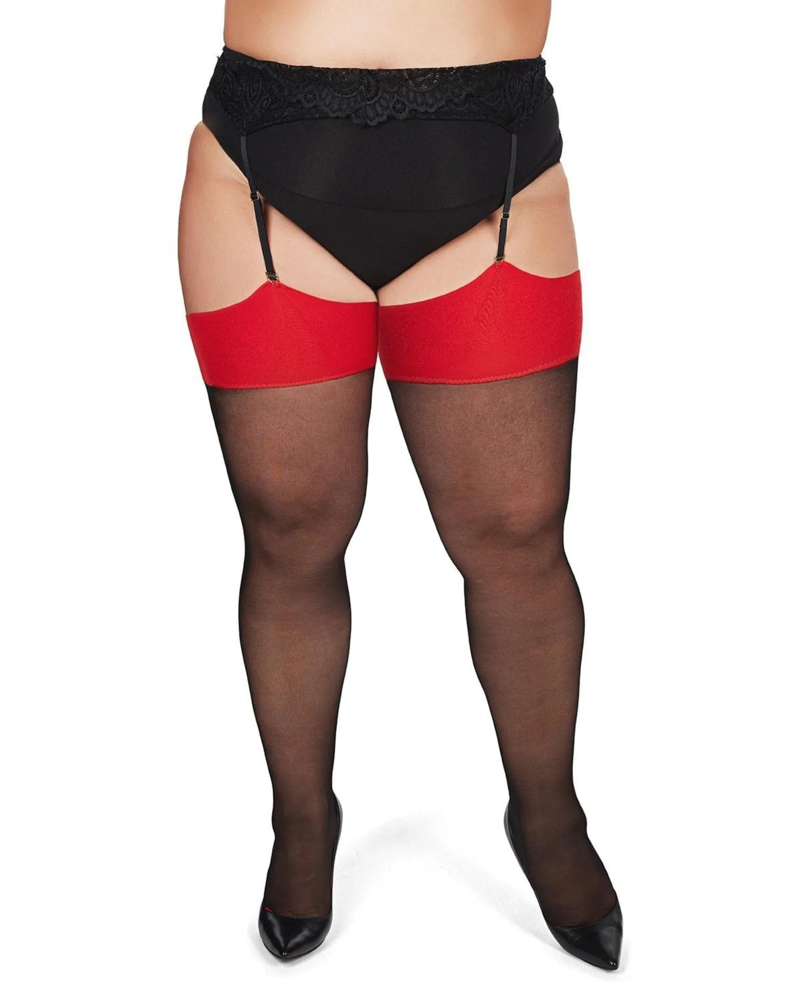 Back Seam/Cuban Heel Plus Size Curvy Thigh High Stocking | Black-Red