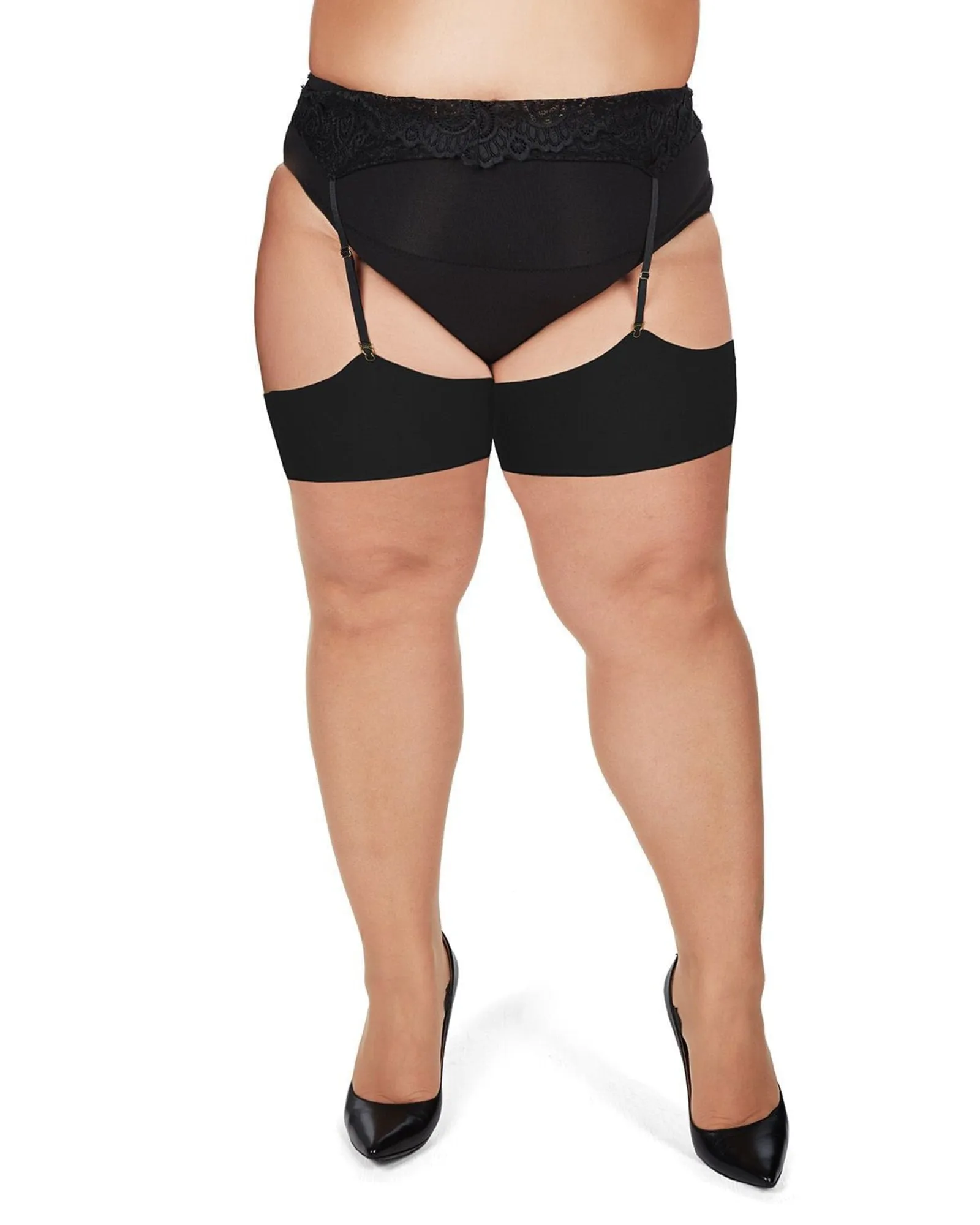 Back Seam/Cuban Heel Plus Size Curvy Thigh High Stocking | Nude-Black