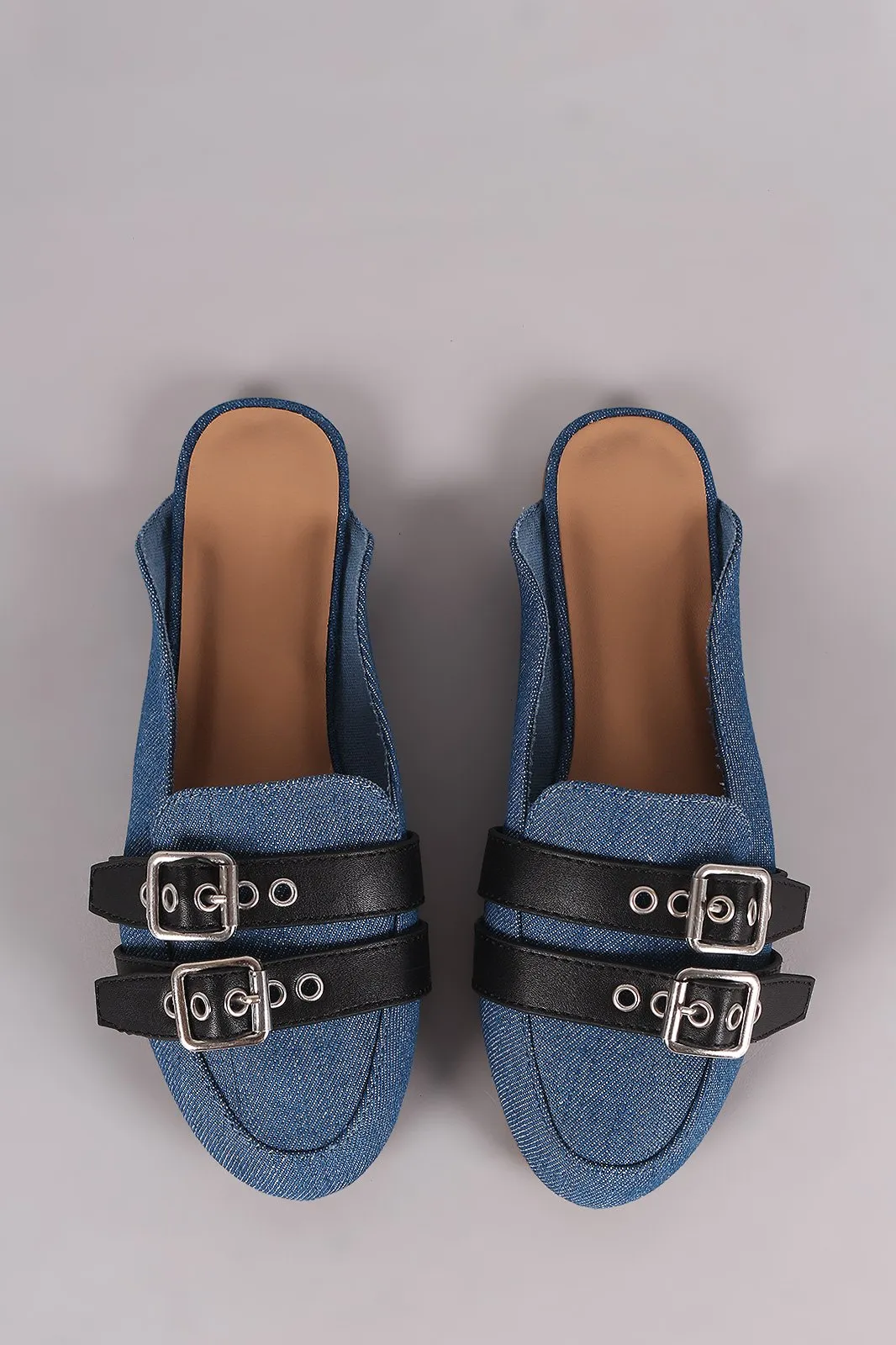 Bamboo Denim Double Buckle Strap Mule Flat