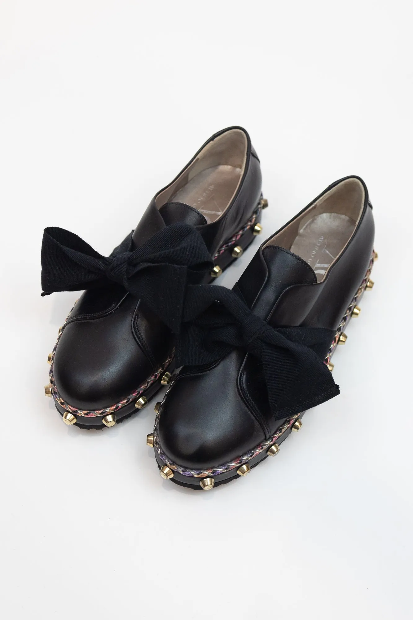 Black Studded Bow Loafers Leather