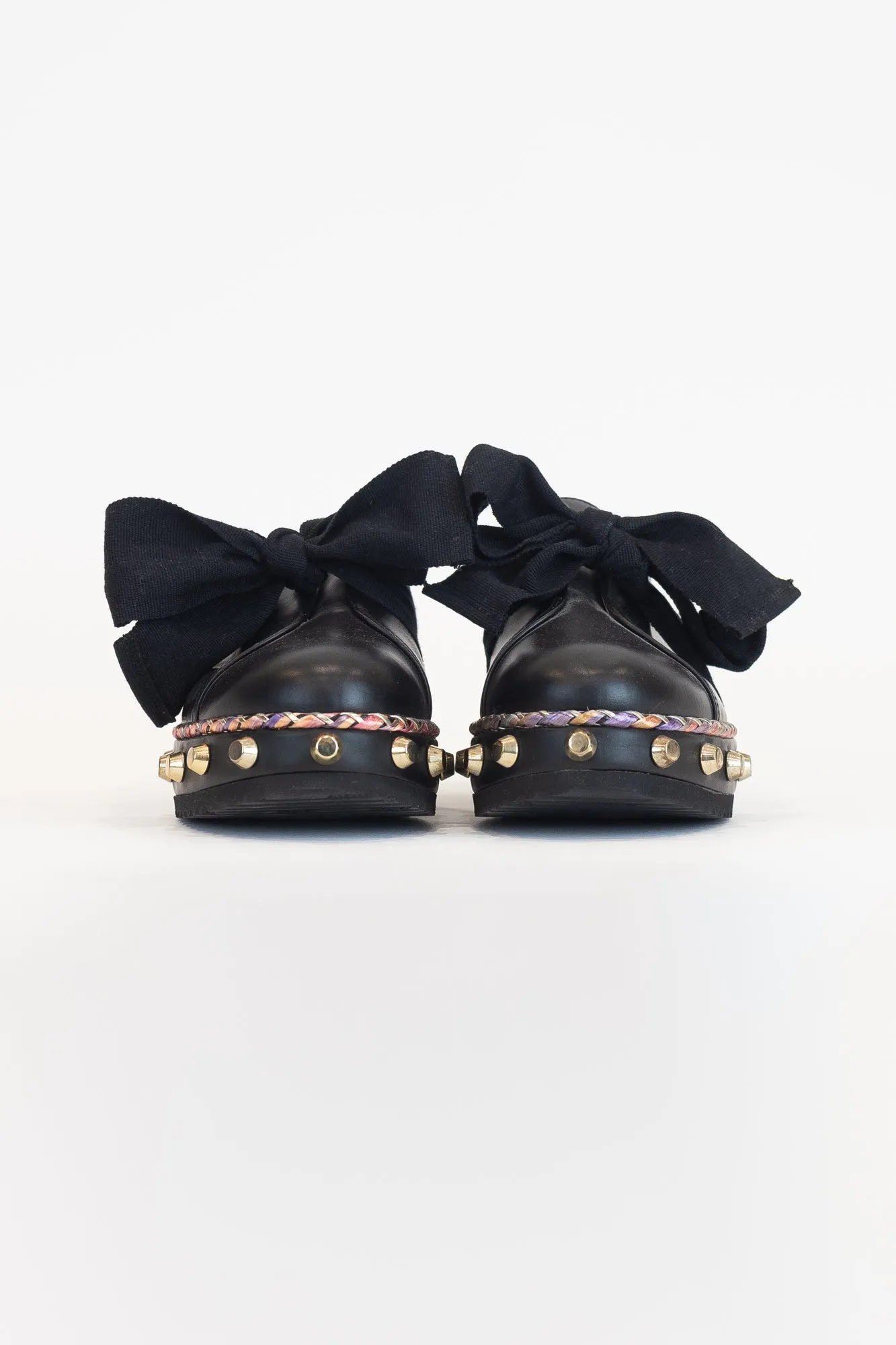 Black Studded Bow Loafers Leather