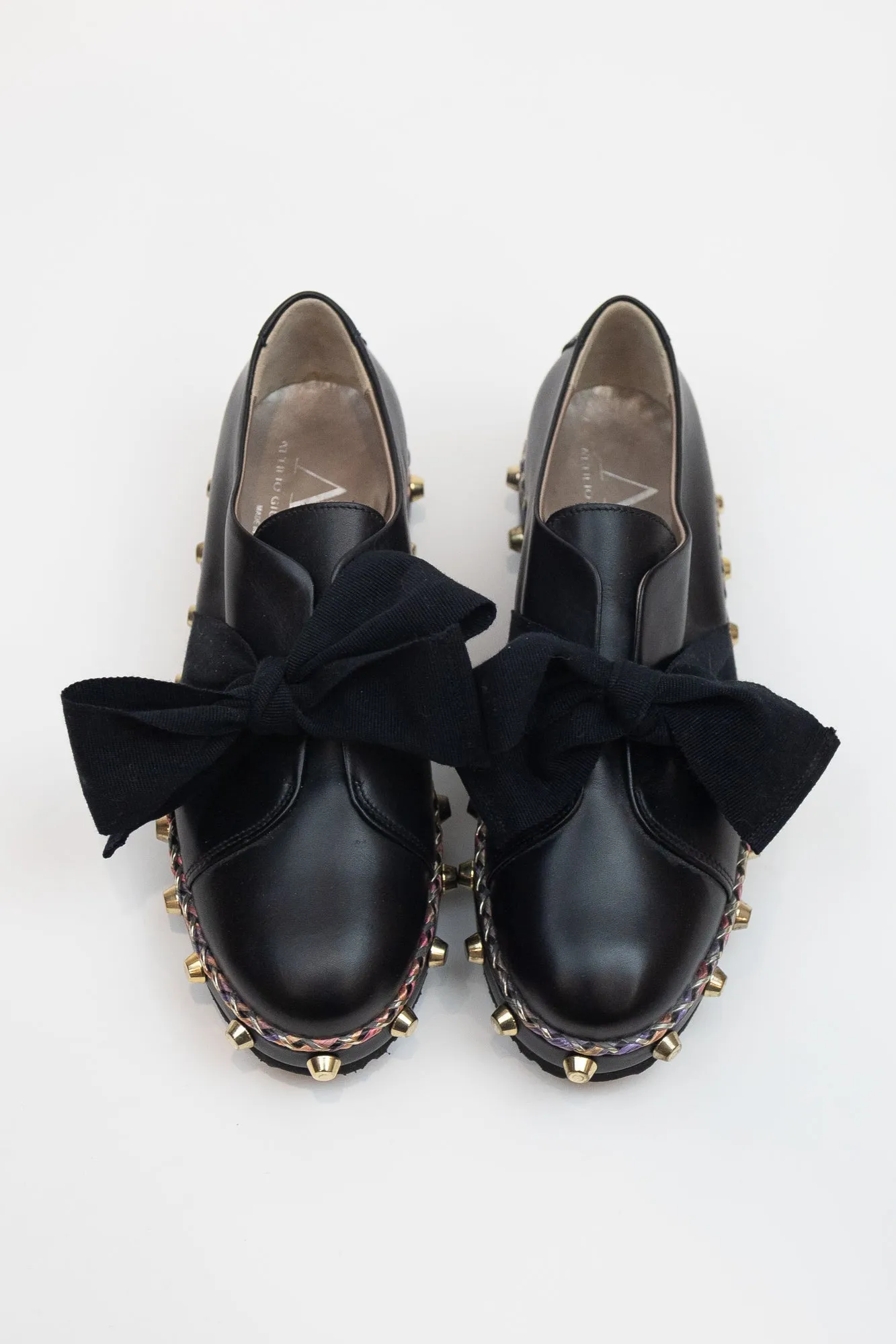 Black Studded Bow Loafers Leather