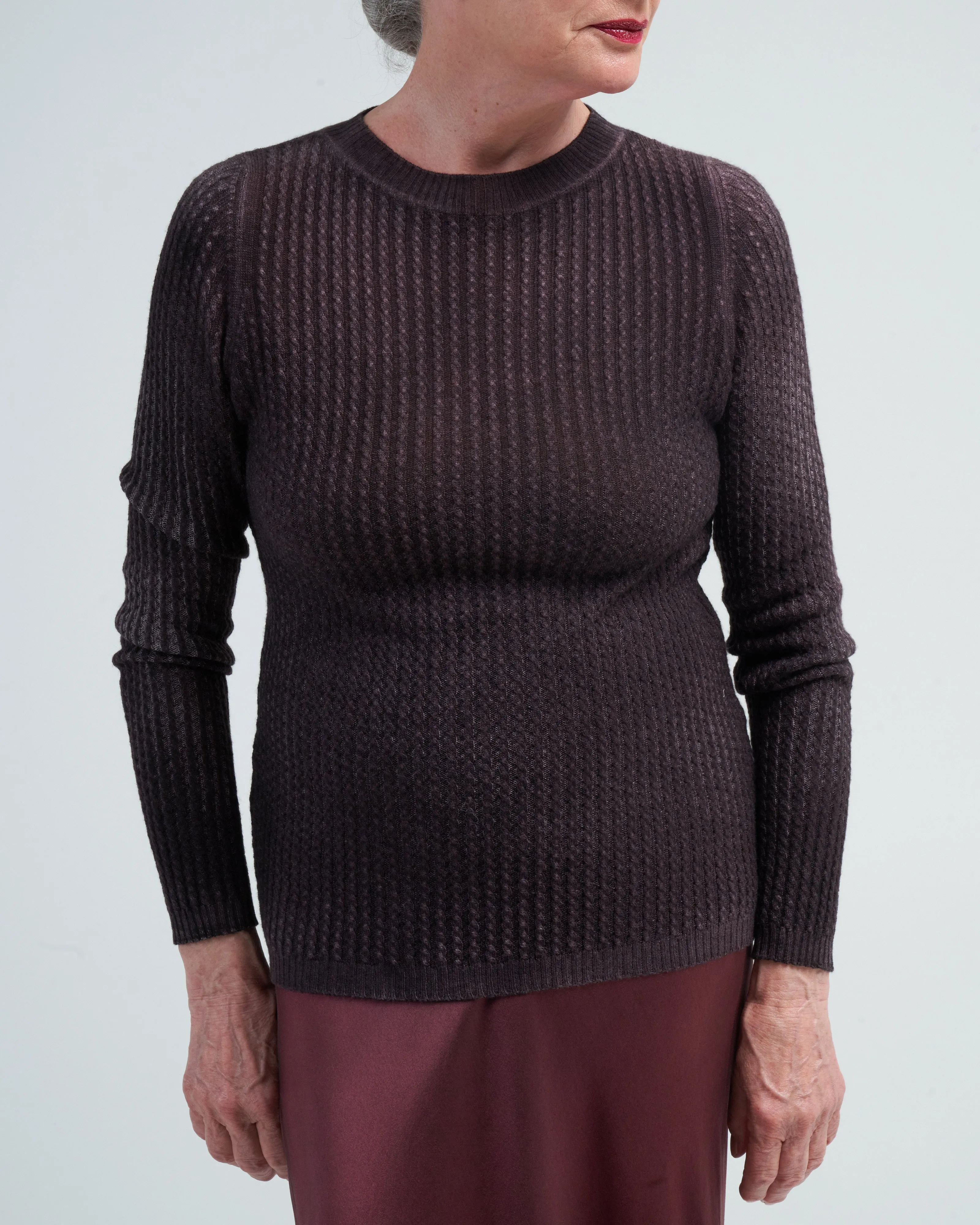 boat neck pullover with small cables - seppia