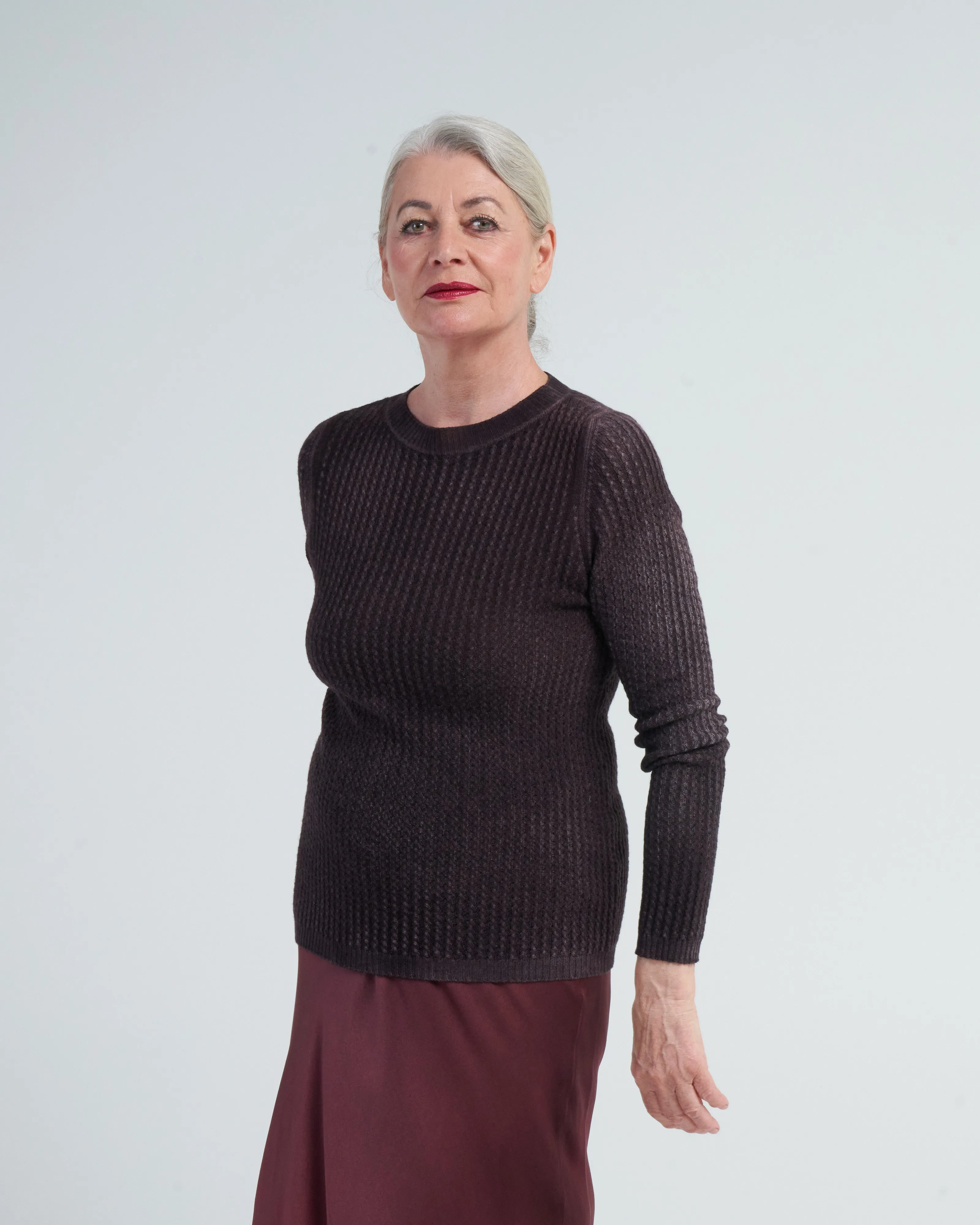 boat neck pullover with small cables - seppia