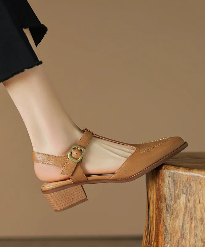 Brown Chunky Sheepskin Simple Splicing Sandals Hollow Out Pointed Toe AP1015