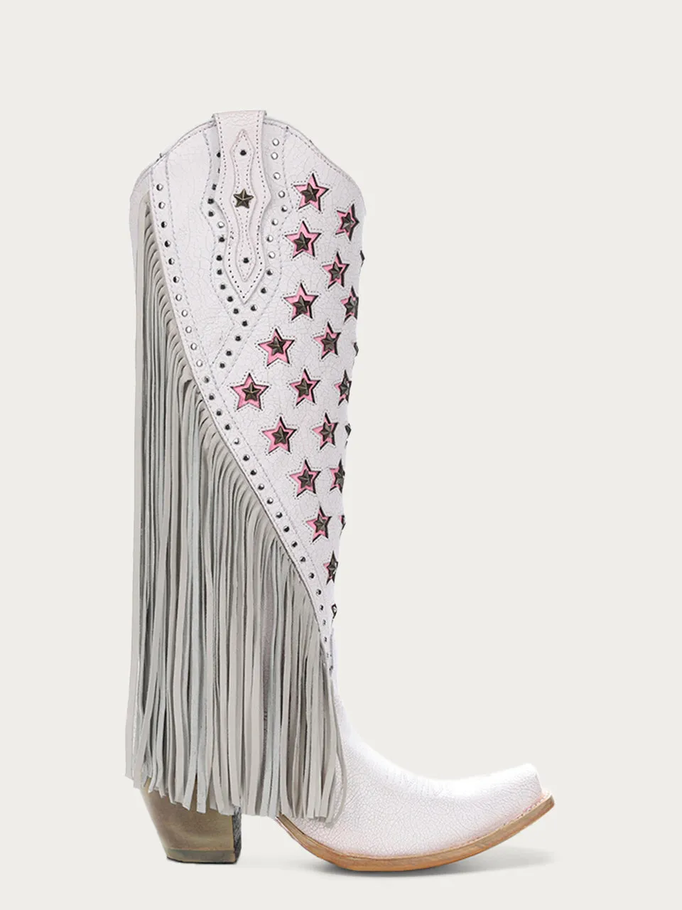 C4084 - WOMEN'S LUMINESCENT EMBROIDERY AND PINK STARS WITH LAMB FRINGE WHITE SNIP TOE COWBOY BOOT