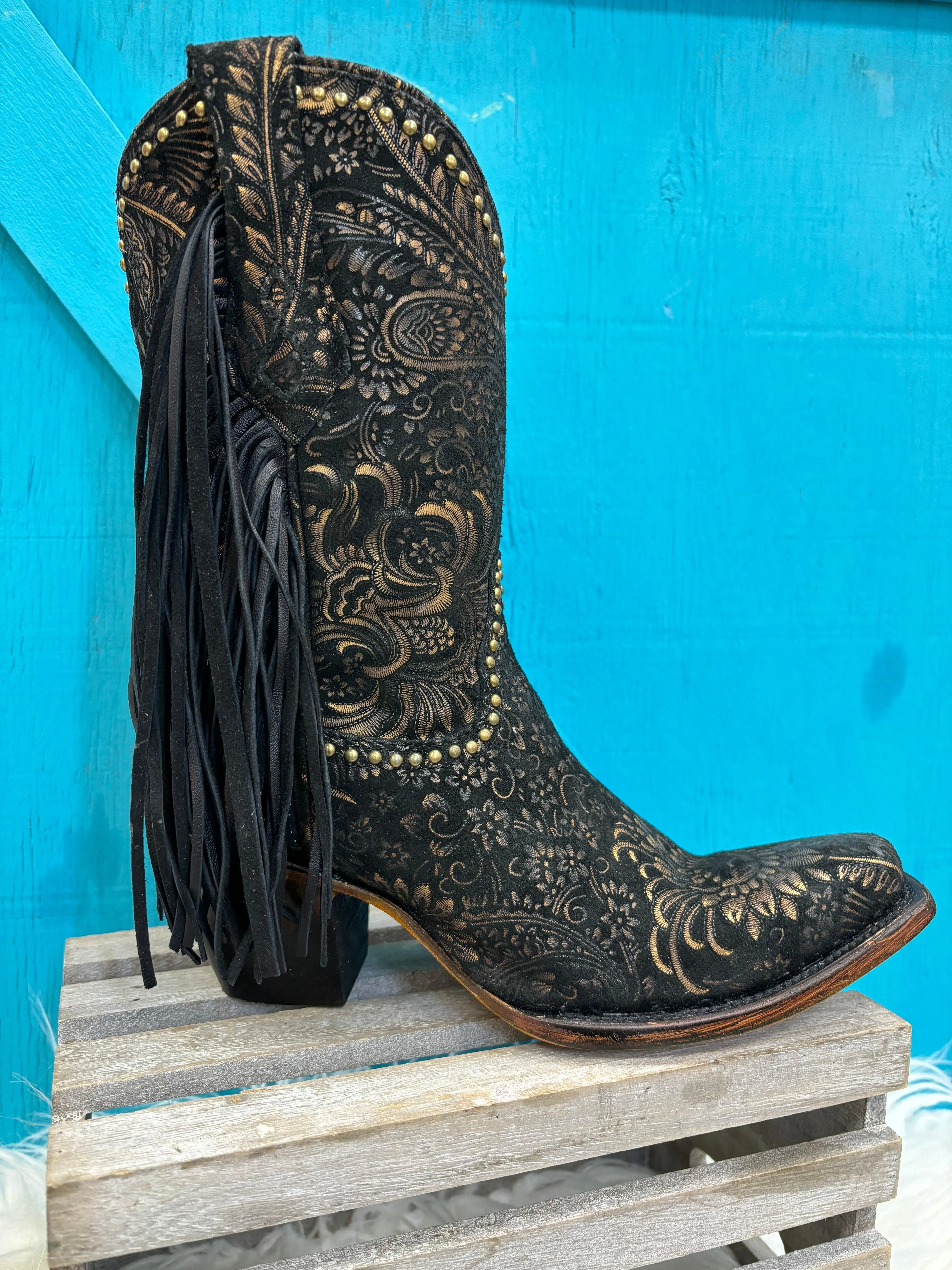 Corral Women's Black and Gold Stamped Floral Suede Square Toe Cowgirl Boots A4492