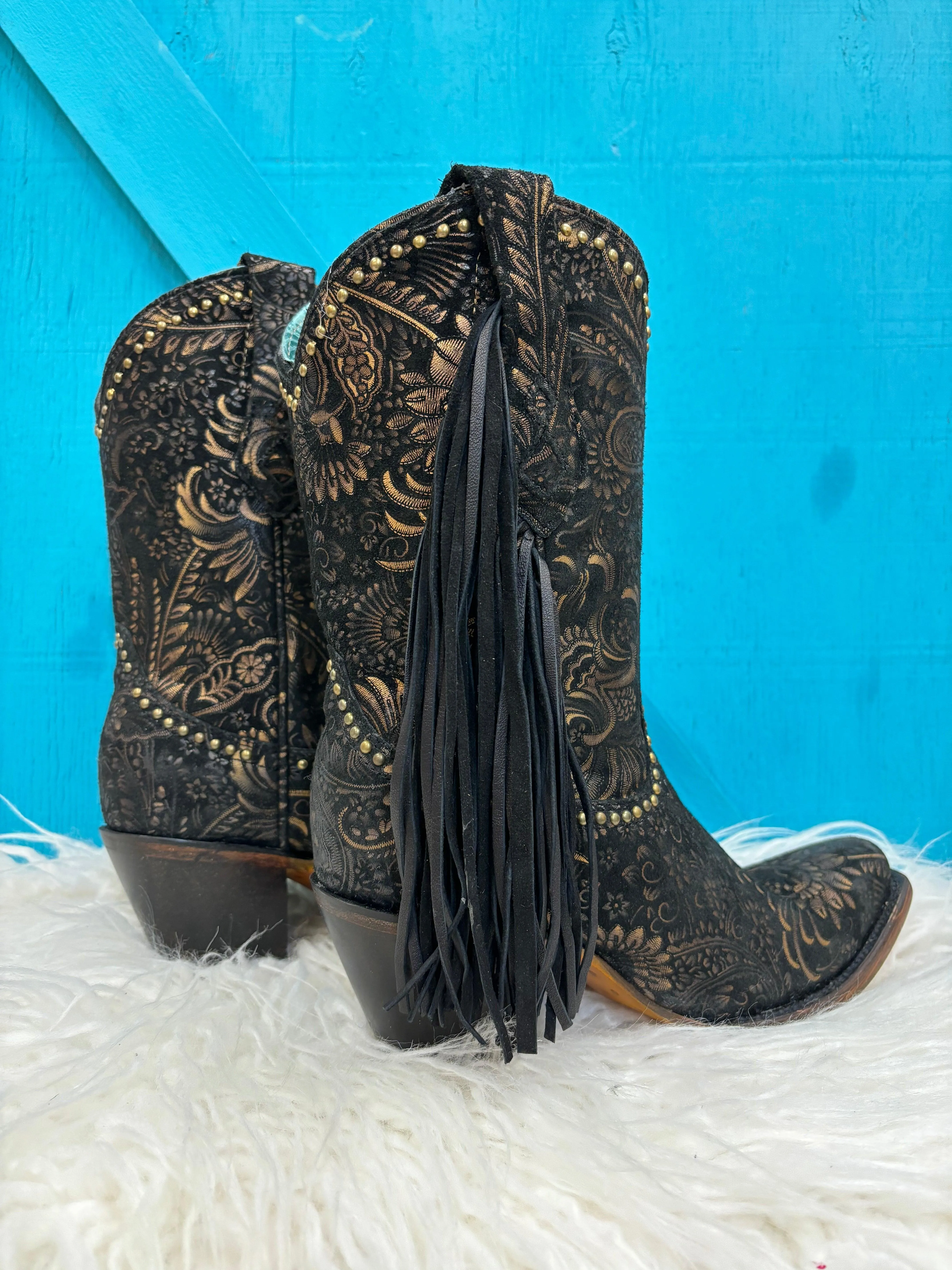 Corral Women's Black and Gold Stamped Floral Suede Square Toe Cowgirl Boots A4492