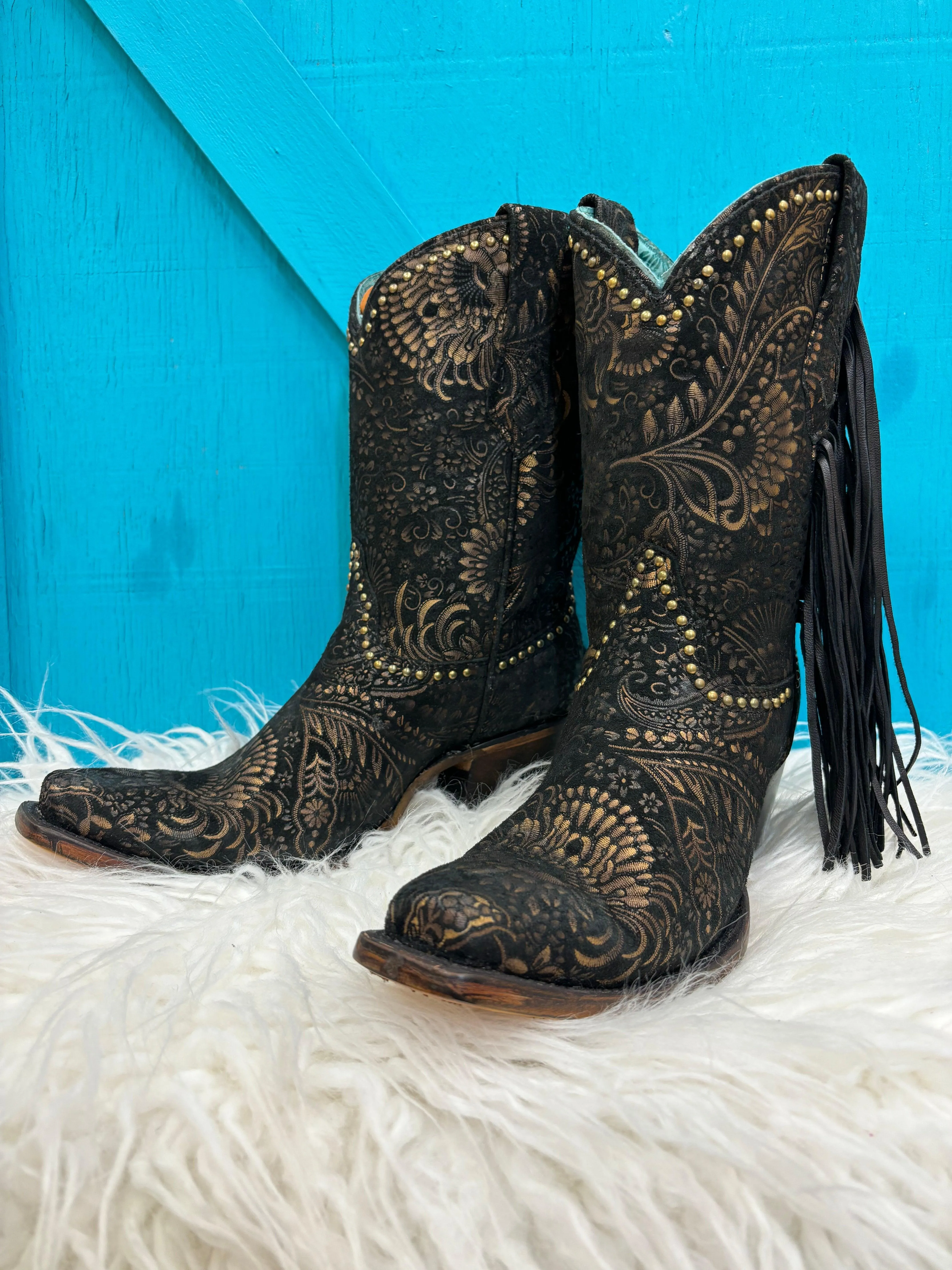 Corral Women's Black and Gold Stamped Floral Suede Square Toe Cowgirl Boots A4492