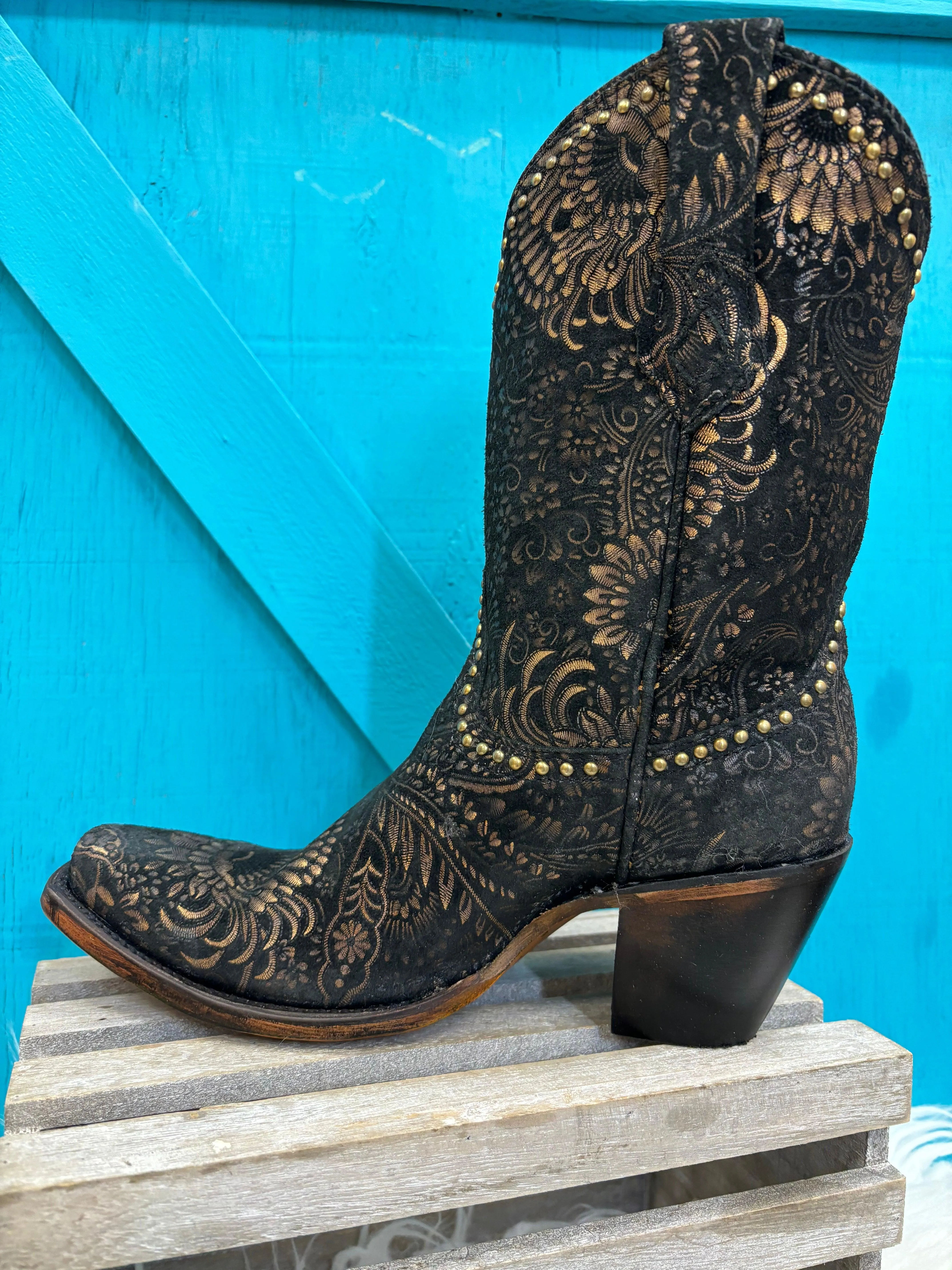 Corral Women's Black and Gold Stamped Floral Suede Square Toe Cowgirl Boots A4492