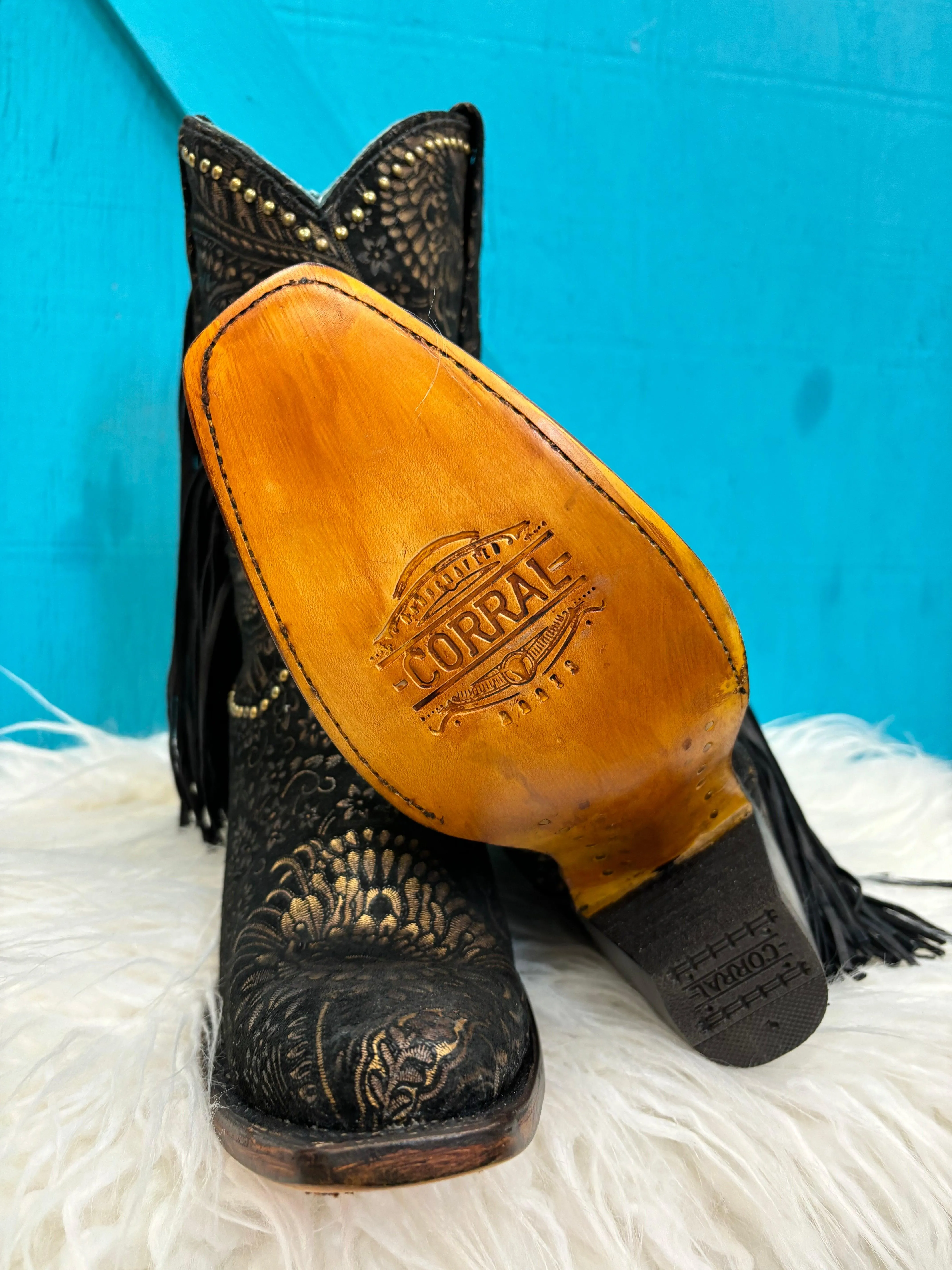 Corral Women's Black and Gold Stamped Floral Suede Square Toe Cowgirl Boots A4492