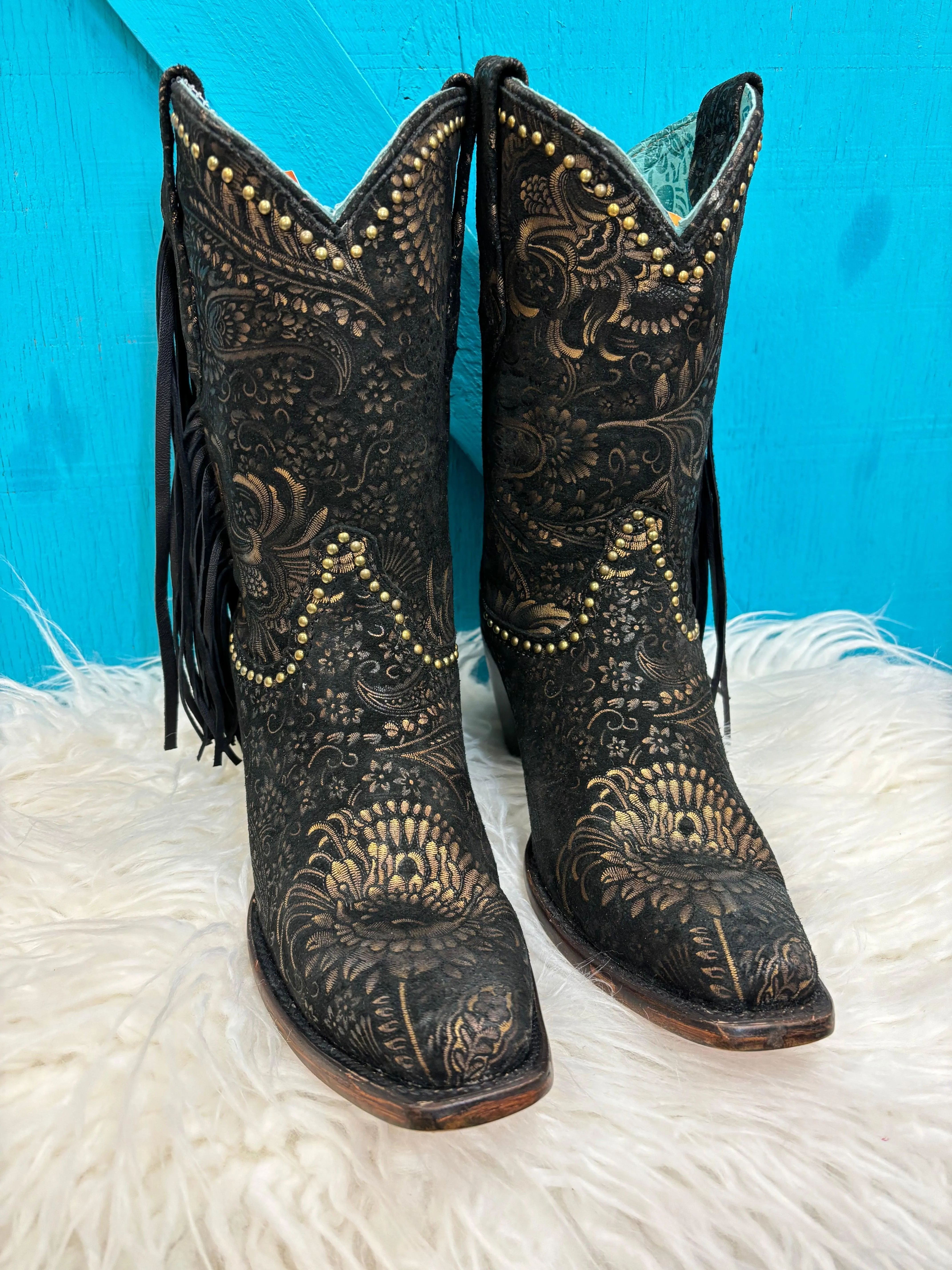 Corral Women's Black and Gold Stamped Floral Suede Square Toe Cowgirl Boots A4492