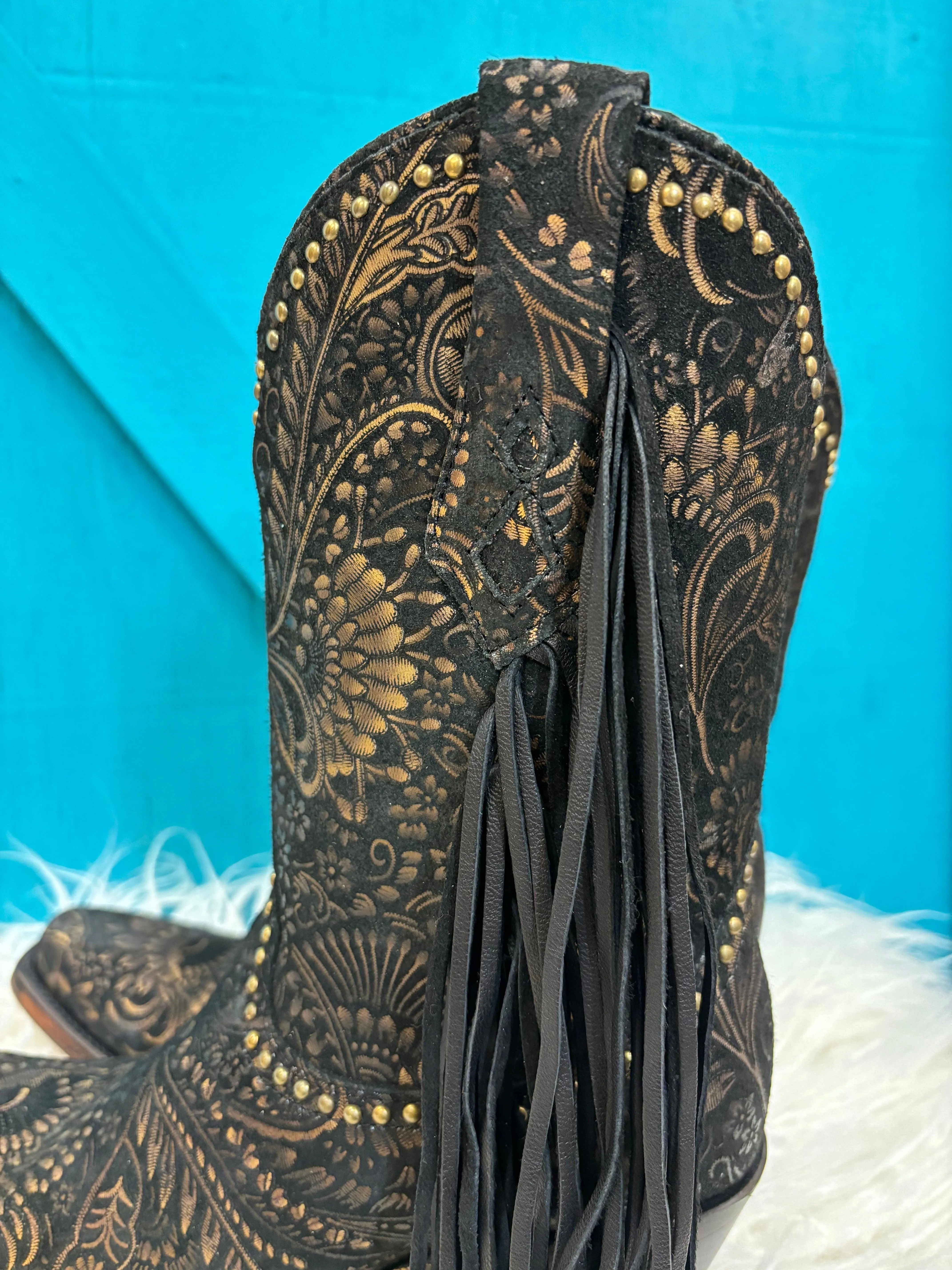 Corral Women's Black and Gold Stamped Floral Suede Square Toe Cowgirl Boots A4492