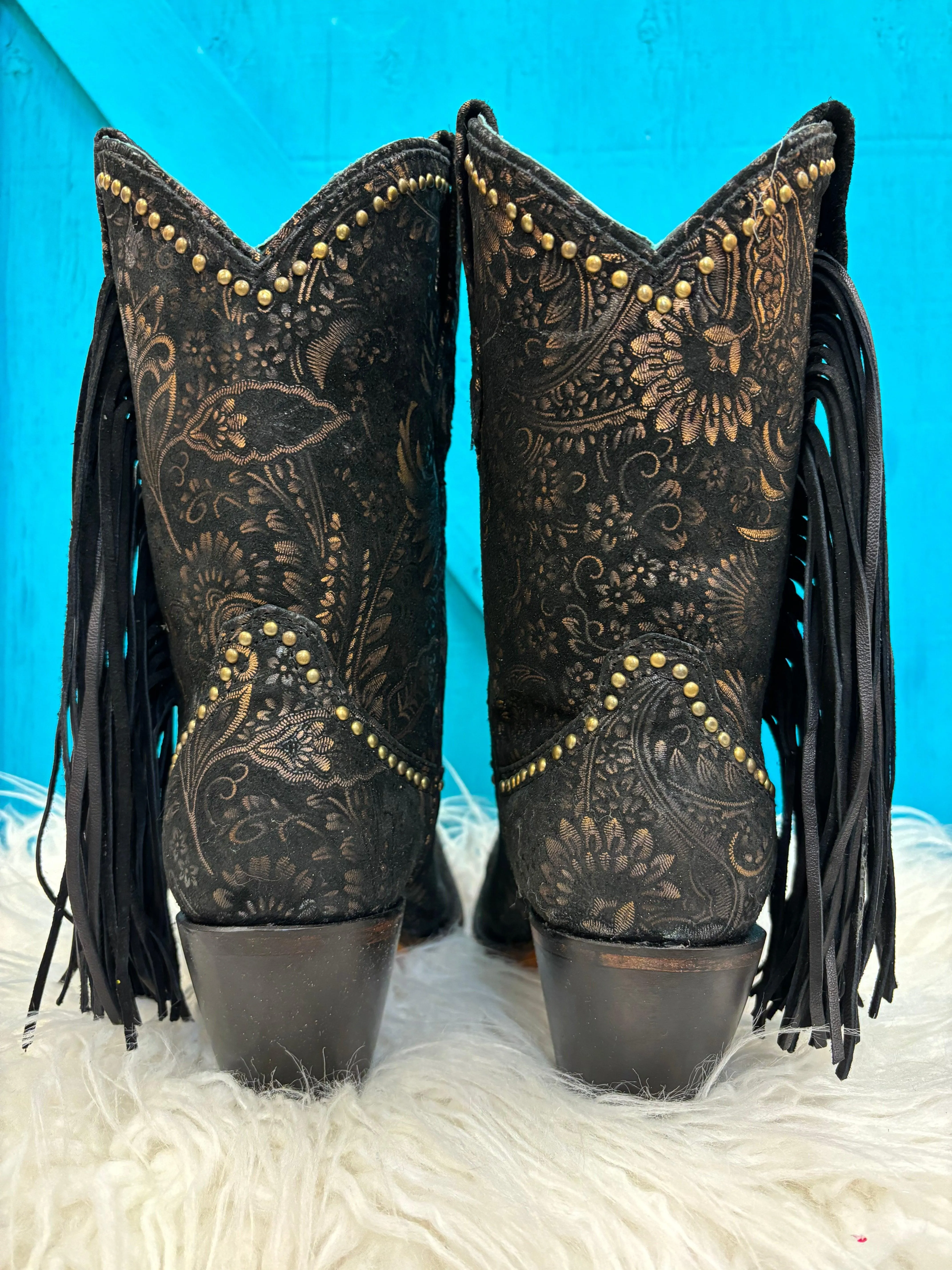 Corral Women's Black and Gold Stamped Floral Suede Square Toe Cowgirl Boots A4492