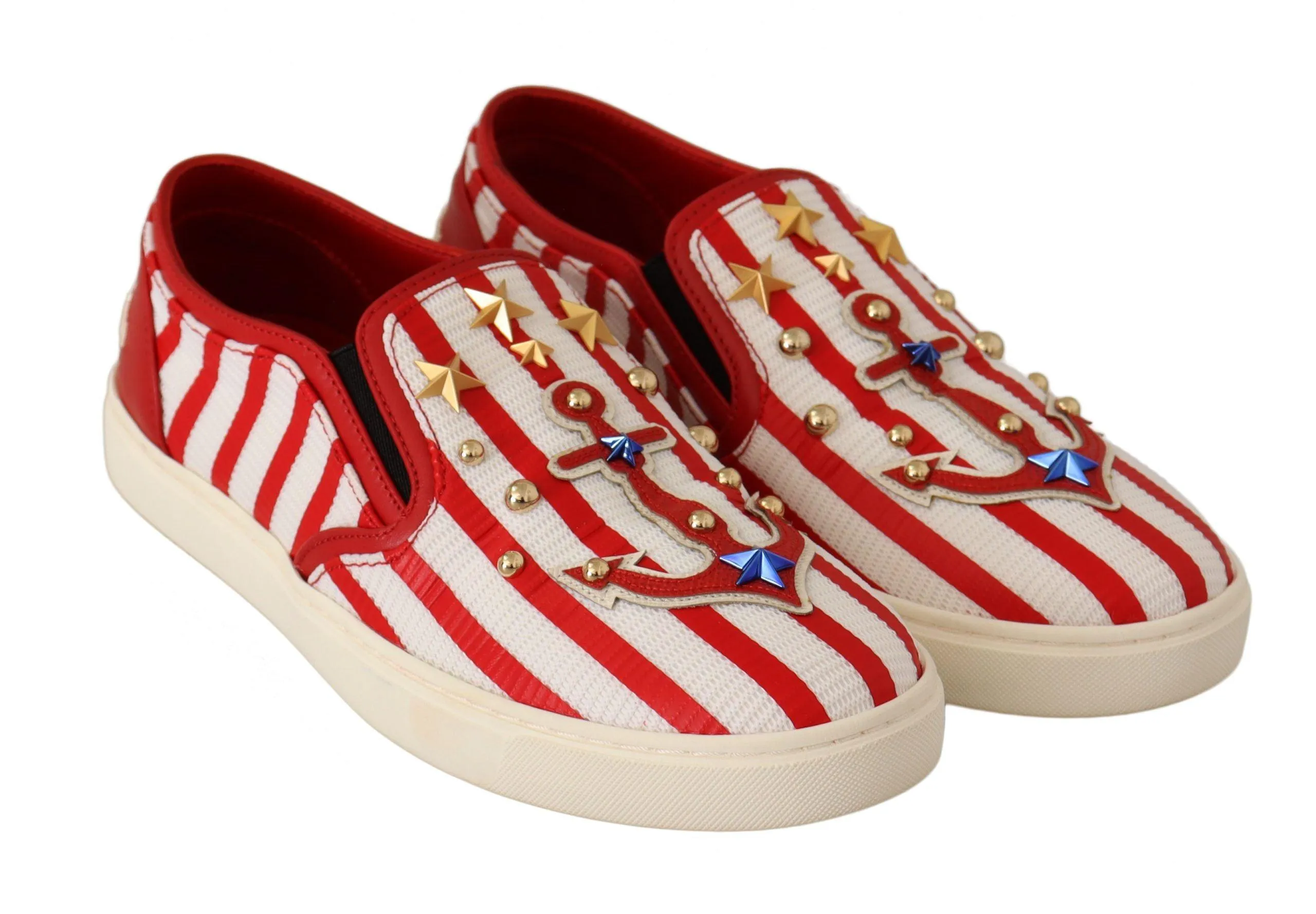 Dolce & Gabbana Red White Anchor Studded Loafers Shoes