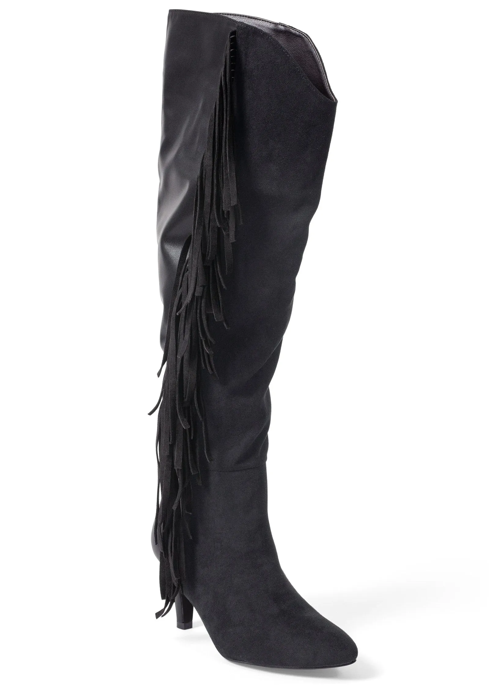 Faux-Suede Fringe Boots - Black