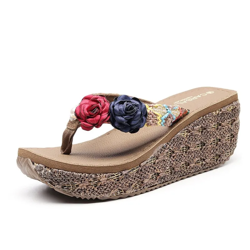 Floral High Heel Beaded Wedge Flip-Flop Sandal With String - 7CM