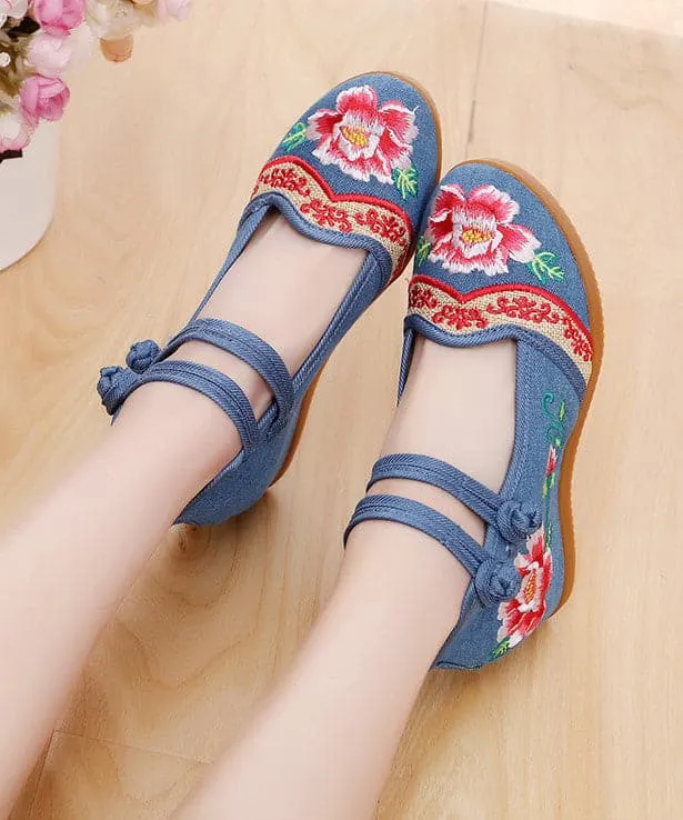 Handmade Buckle Strap Wedge High Wedge Heels Shoes Blue Embroideried Comfy Linen Fabric