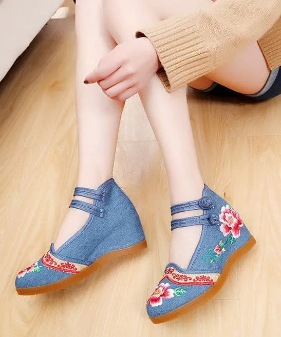 Handmade Buckle Strap Wedge High Wedge Heels Shoes Blue Embroideried Comfy Linen Fabric