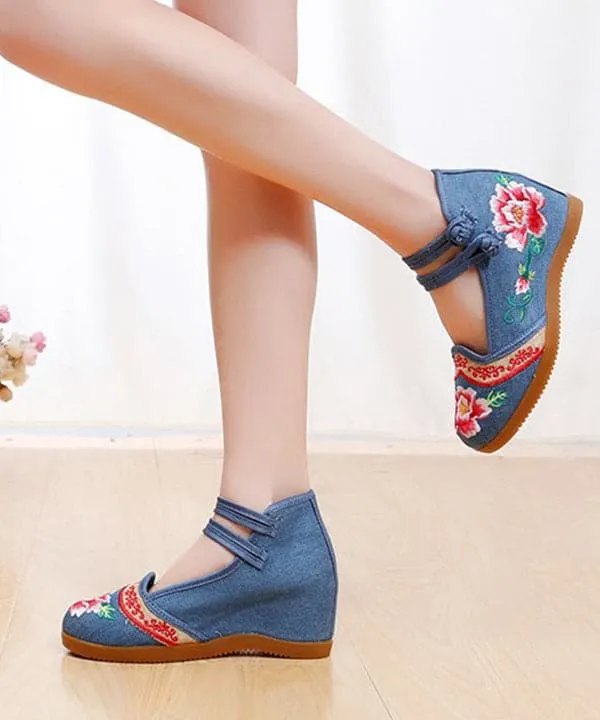 Handmade Buckle Strap Wedge High Wedge Heels Shoes Blue Embroideried Comfy Linen Fabric