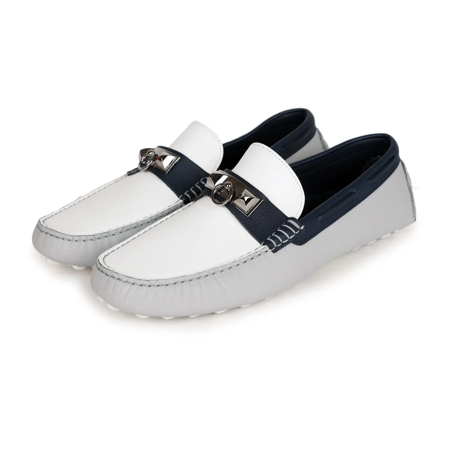 Hermes Irving Loafer White, Bleu Glacier, Bleu Nuit Epsom Palladium Hardware 42 EU