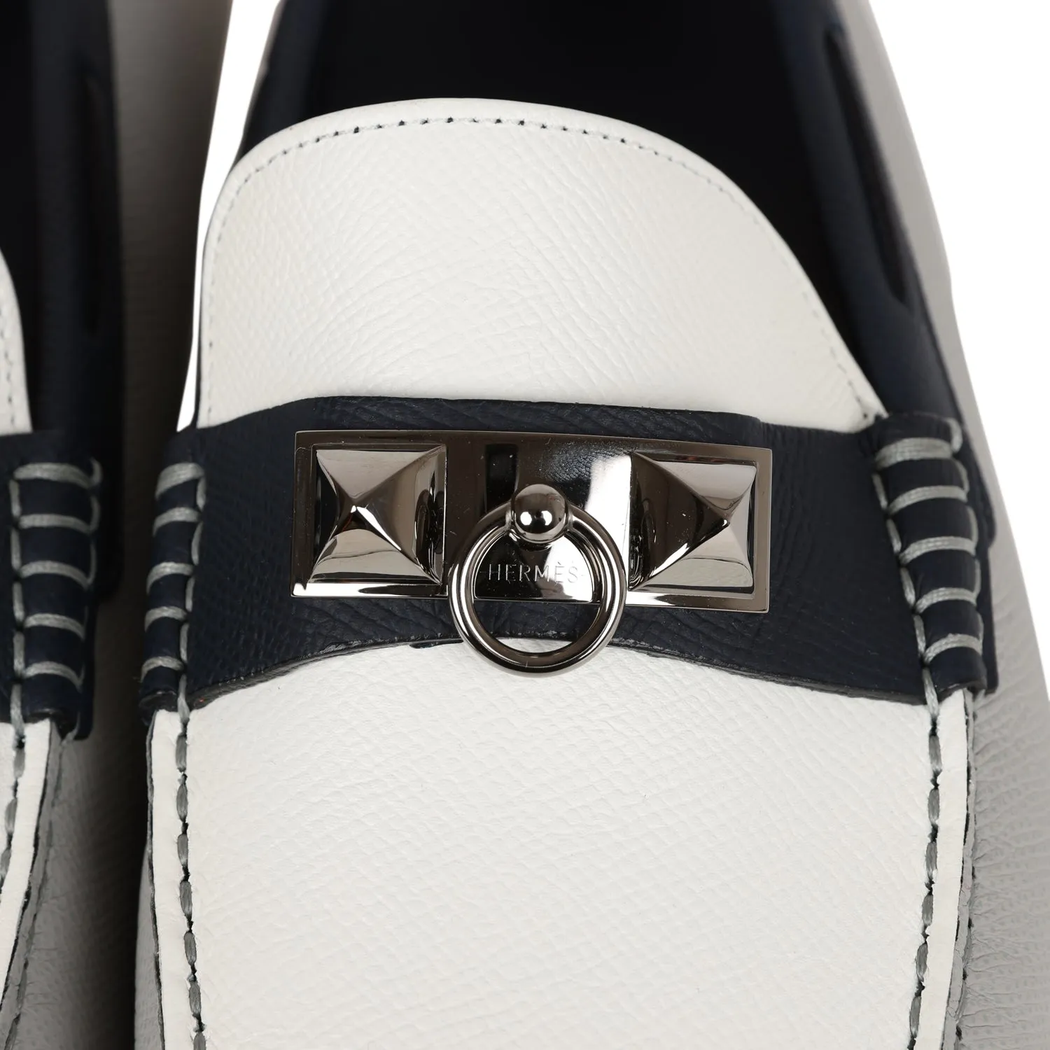 Hermes Irving Loafer White, Bleu Glacier, Bleu Nuit Epsom Palladium Hardware 42 EU