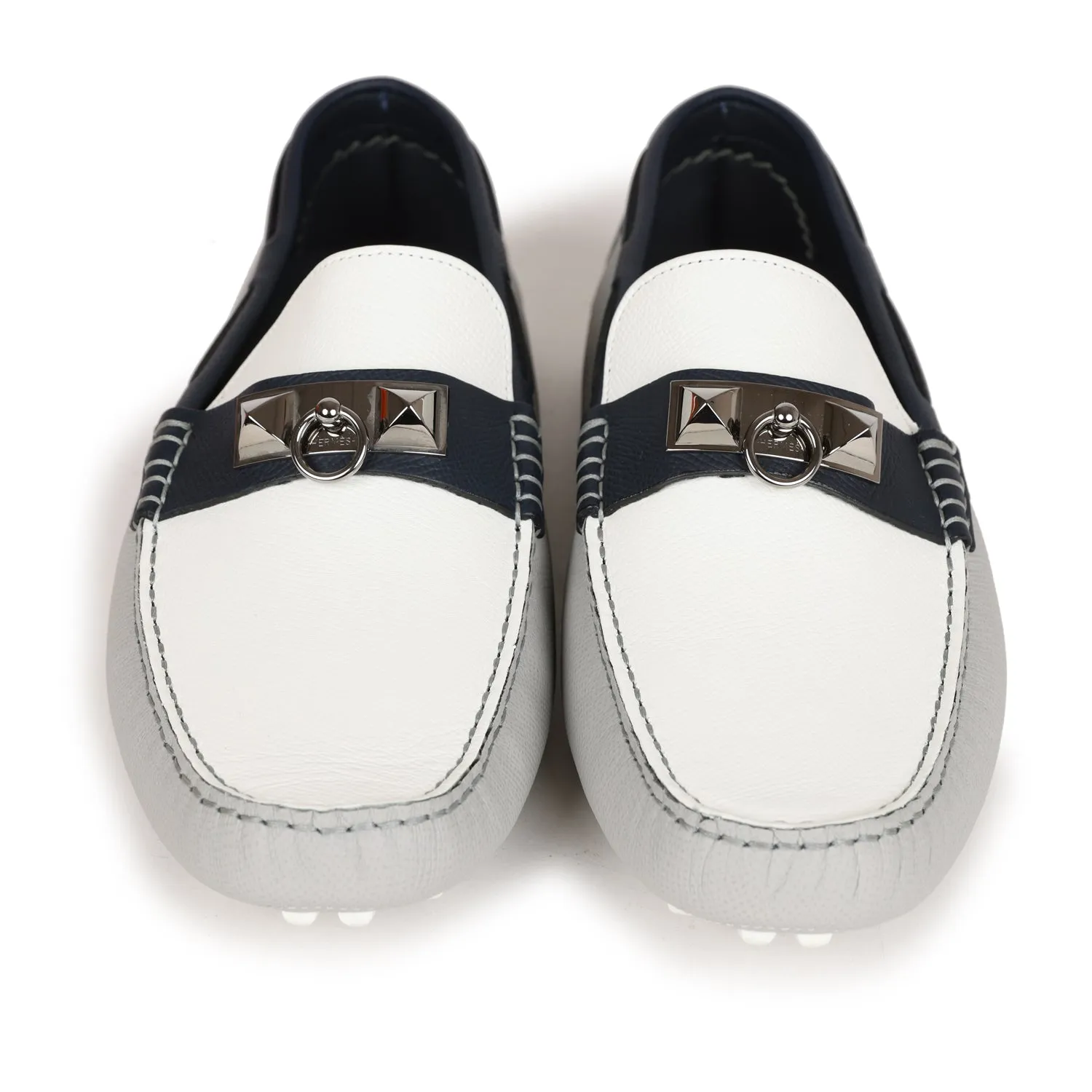 Hermes Irving Loafer White, Bleu Glacier, Bleu Nuit Epsom Palladium Hardware 42 EU