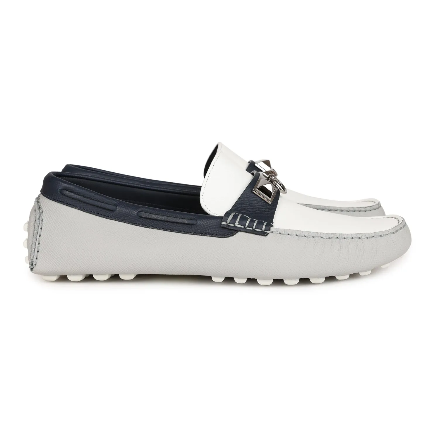 Hermes Irving Loafer White, Bleu Glacier, Bleu Nuit Epsom Palladium Hardware 42 EU