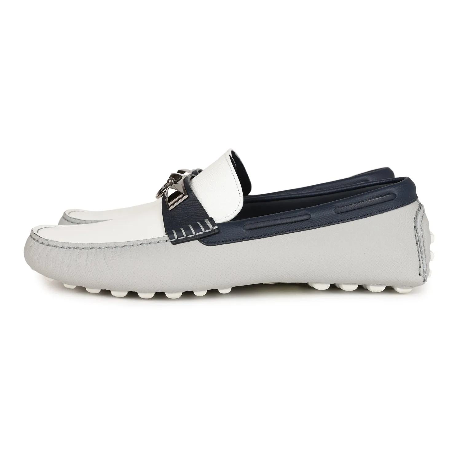 Hermes Irving Loafer White, Bleu Glacier, Bleu Nuit Epsom Palladium Hardware 42 EU