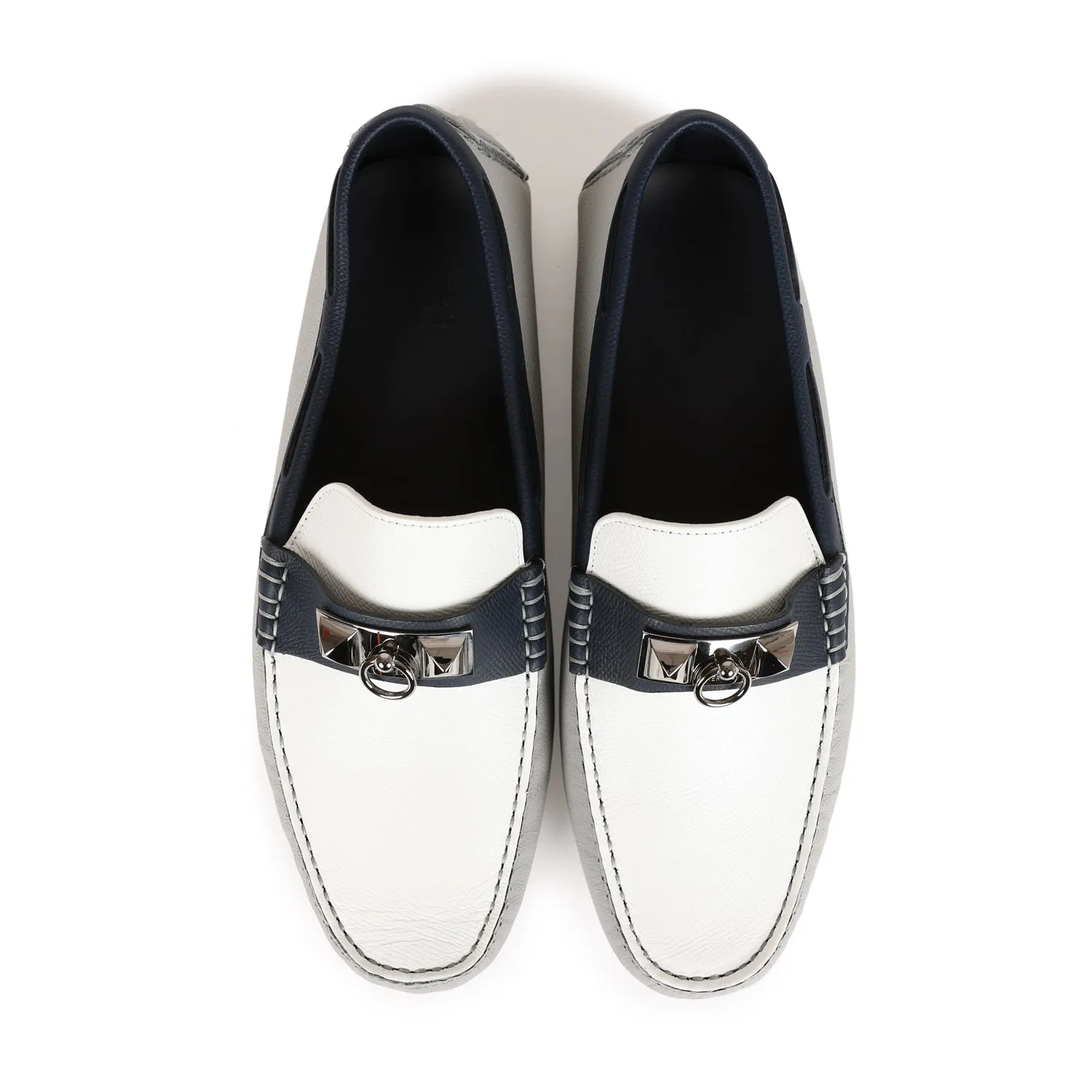 Hermes Irving Loafer White, Bleu Glacier, Bleu Nuit Epsom Palladium Hardware 42 EU